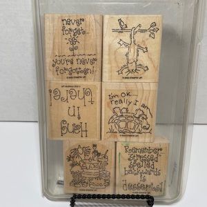 Stampin Up Retired “Hang In There” Wood Mounted Rubber Stamp Set of 6